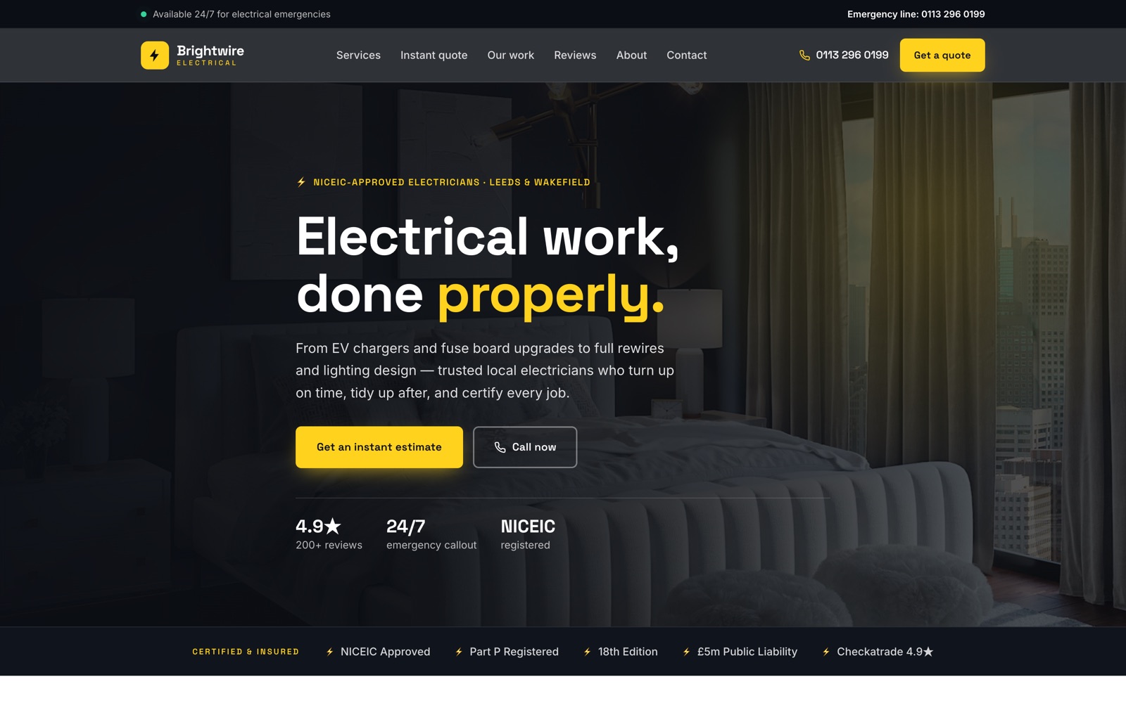 Homepage of the Brightwire Electrical example website
