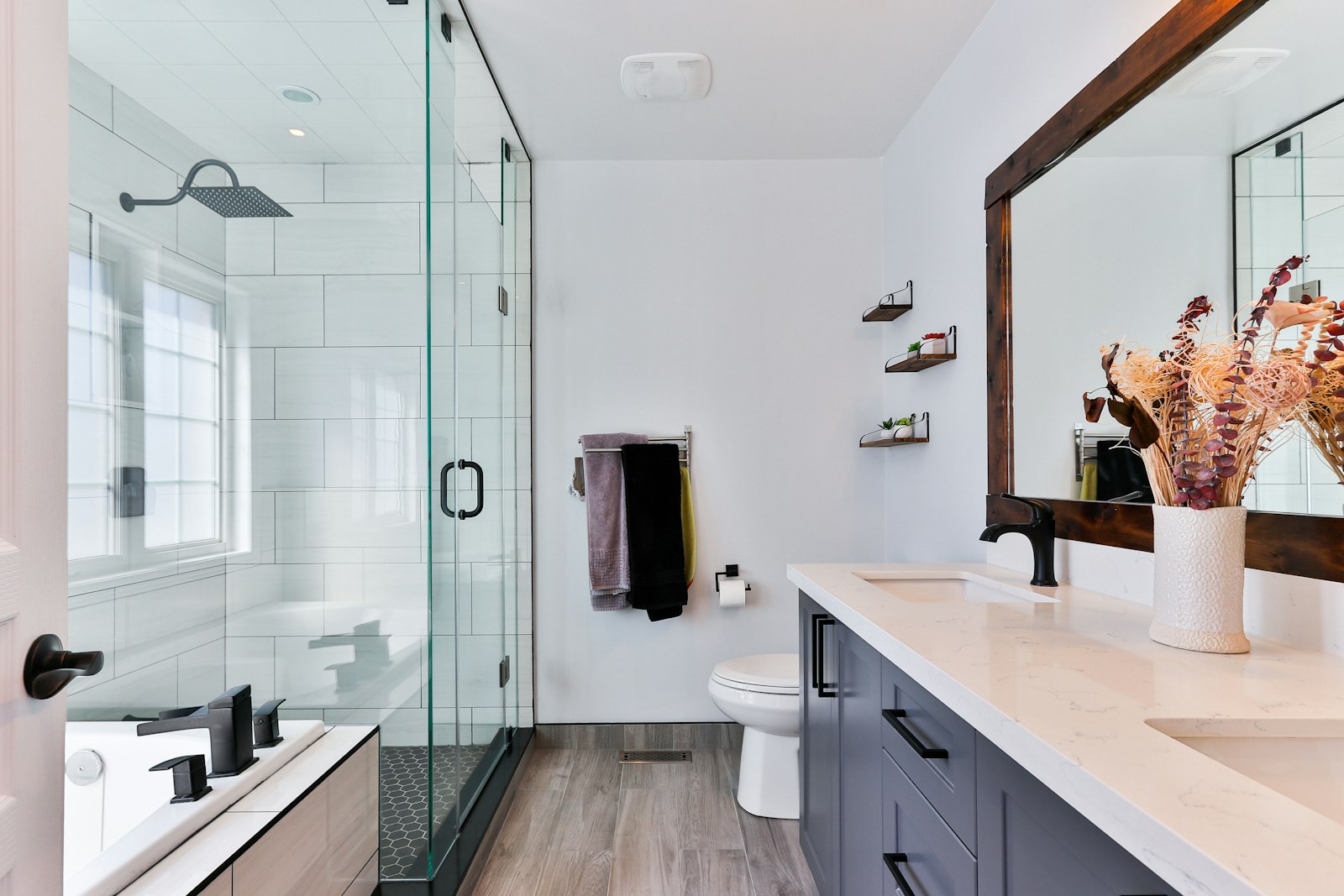 Renovated bathroom with walk-in shower