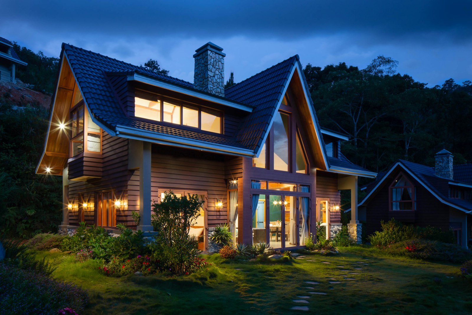 Illuminated home exterior at dusk