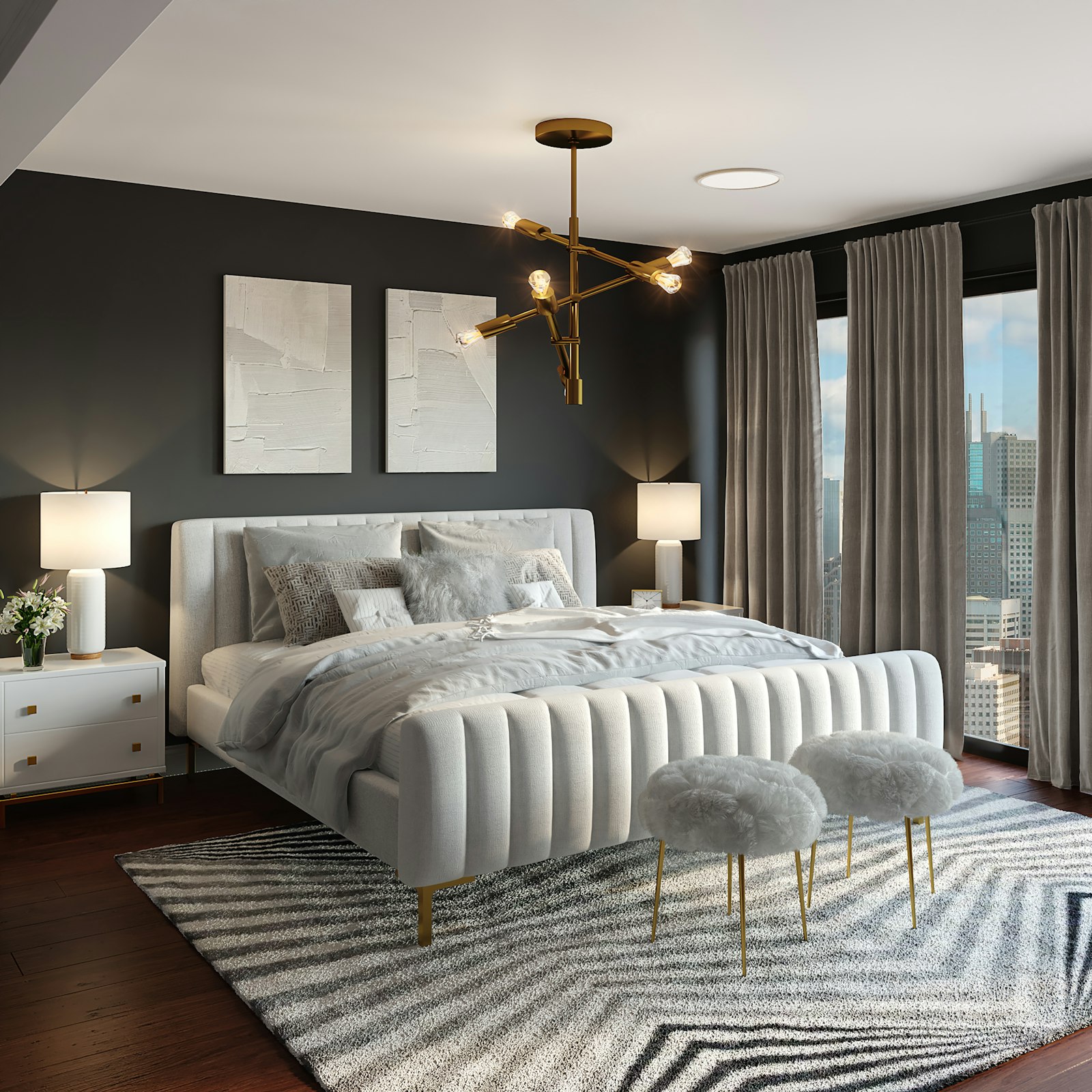 Feature chandelier and bedside lighting
